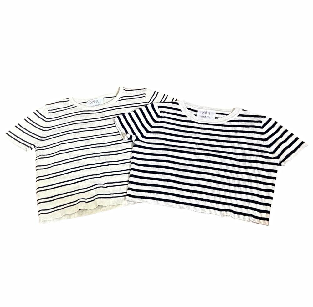 ZARA Girls Cream/Navy Striped Knit Short Sleeve Crew Neck Pullover Tee 11-12